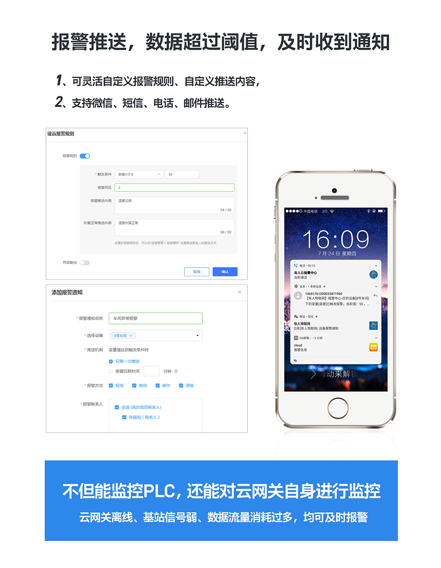 低成本PLC云網(wǎng)關：報警推送，數(shù)據(jù)超過閾值及時收到通知